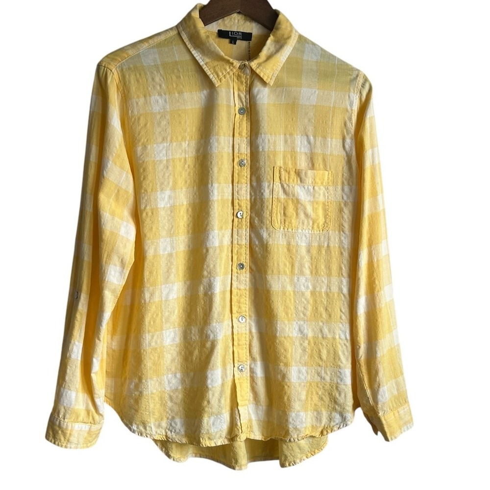 Lior Paris Women Preppy Coastal Button Front Shirt L Yellow Gingham Roll Tab
